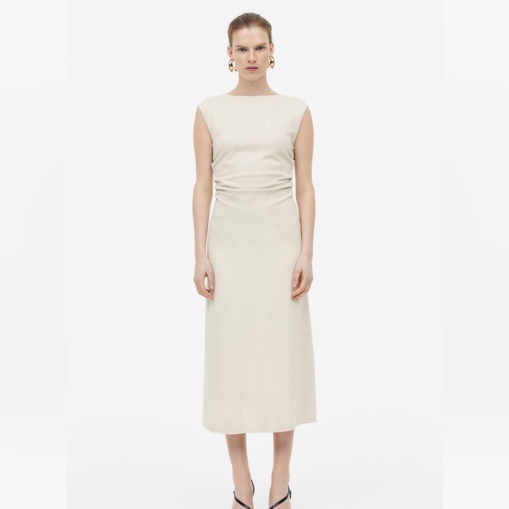 Ivory gathered knit midi sleeveless dress